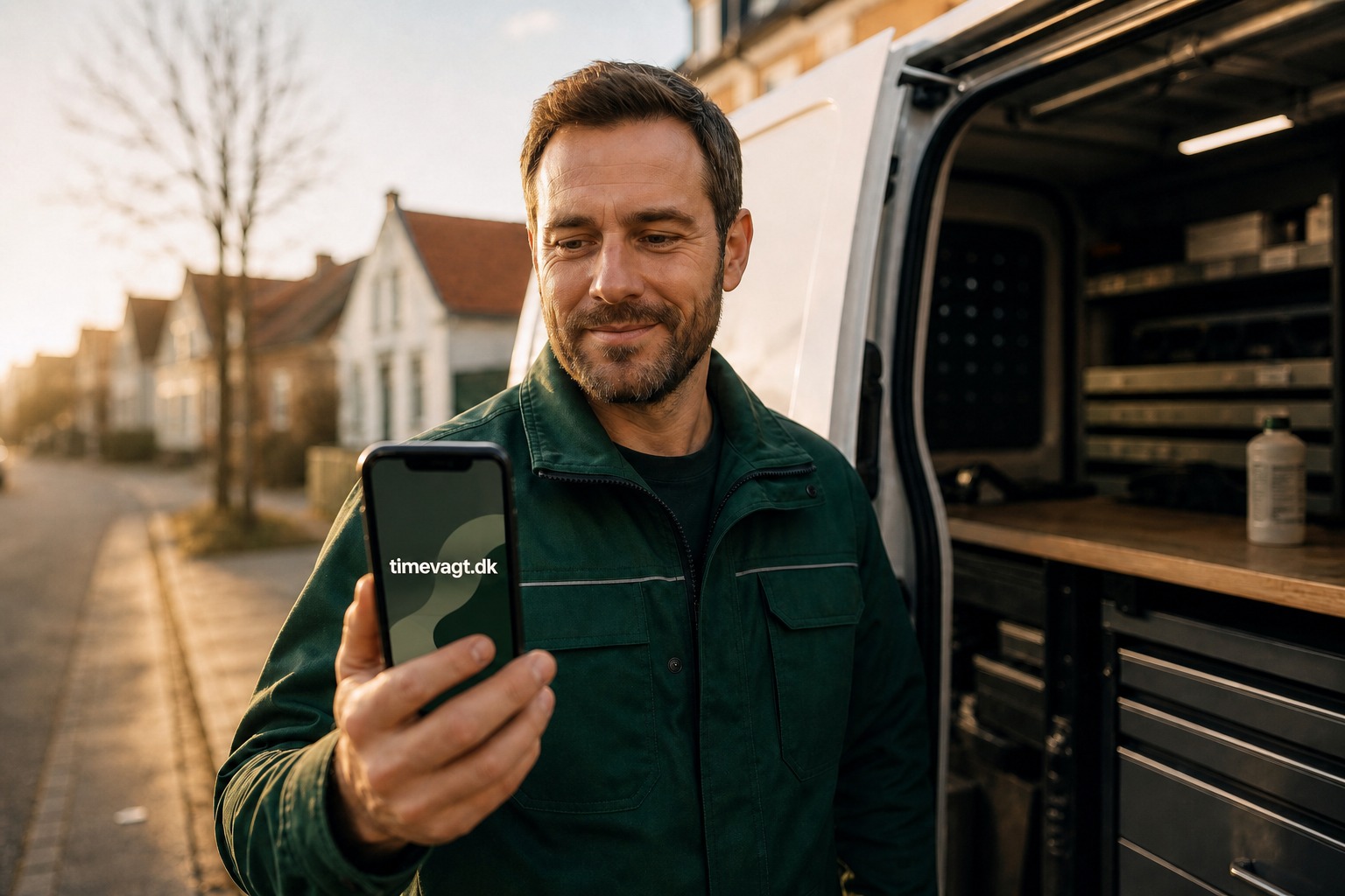 Montør ude ved vognen — timevagt.dk på telefonen